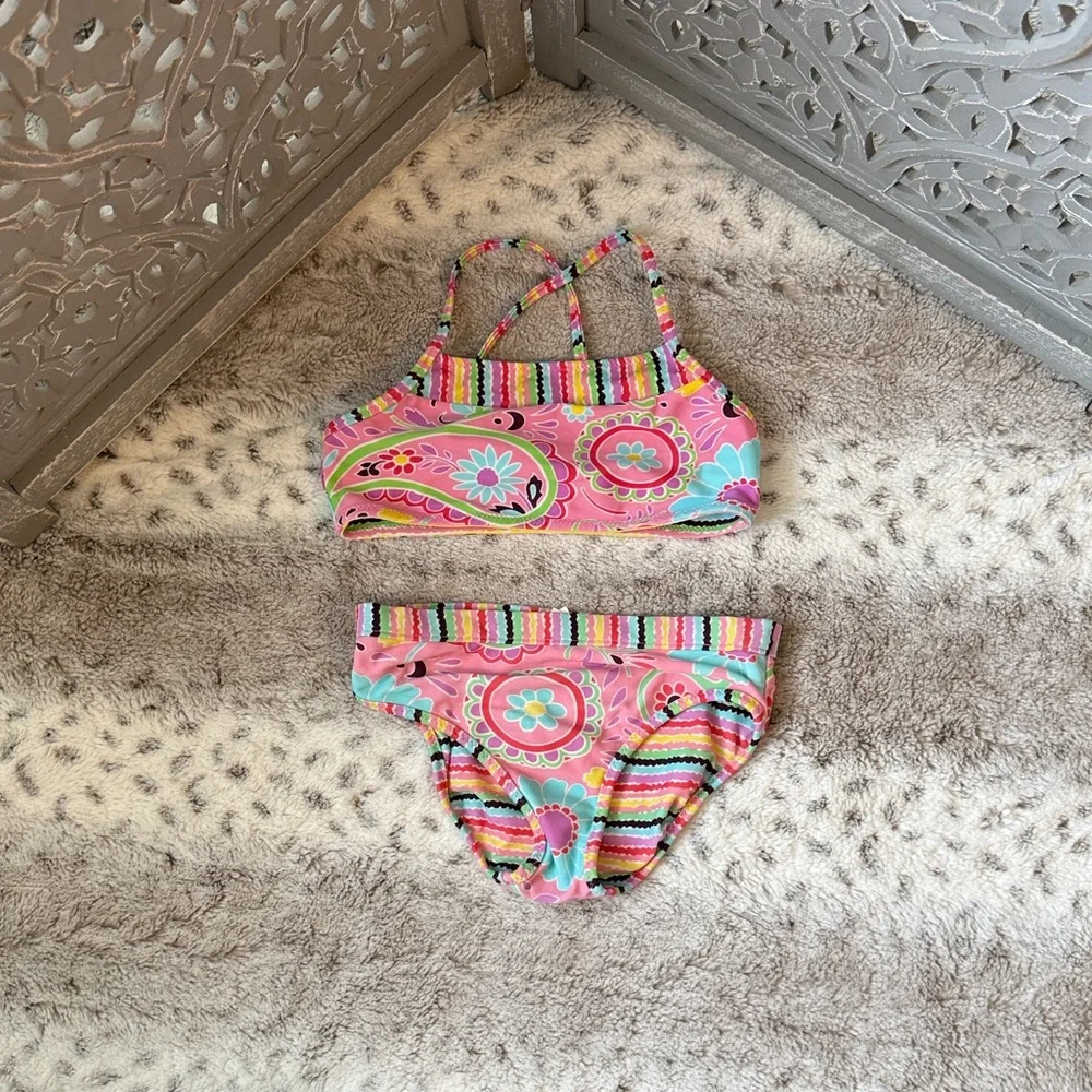 Hanna Andersson reversible bikini girls 5 tropical floral rainbow stripes beach